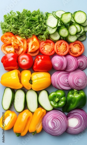 Colorful Assortment of Fresh Vegetables Including Lettuce, Cucumbers, Bell Peppers, and Tomatoes on a Blue Background