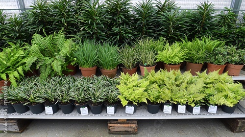 neatly arranged set of indoor potted plants like spider plants and ferns on a shelf, ideal for eco-friendly interior design and plant care content. [Flowers]:[Economic plants]  photo