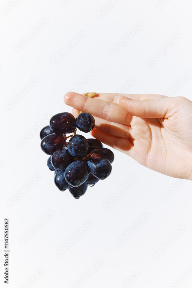 Hand holding bunch of grapes on white background, closeup Hand holding bunch of grapes on white background, closeup