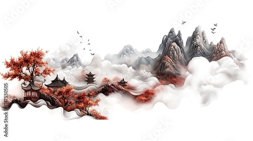 Autumnal Ink Wash Painting: Misty Mountains and Ancient Temples AI Generated photo