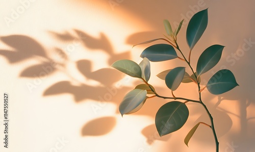 Ficus elastica plants and their shadows in minimalistic aesthetic house with sunset lighting, Generative AI  photo