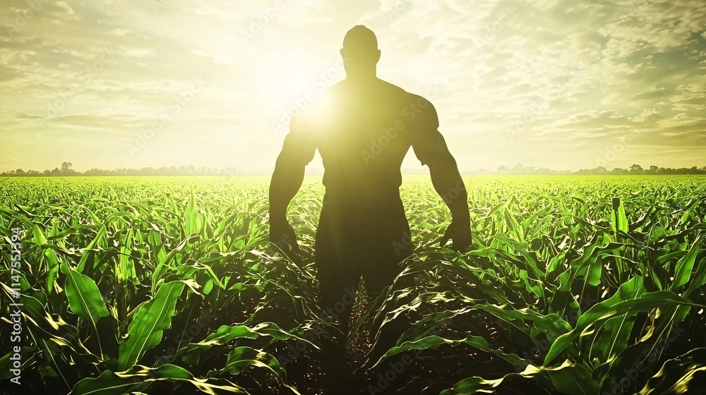 Fototapeta premium double exposure of a farm worker harvesting crops with the landscape of a thriving cornfield inside their silhouette, showcasing the economic value of large-scale agriculture. [Flowers]:[Economic 