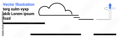 Abstract graphic featuring a simple cloud, an upward arrow, black horizontal lines, and dummy text. Ideal for web design, presentations, infographics, marketing, educational materials, digital art