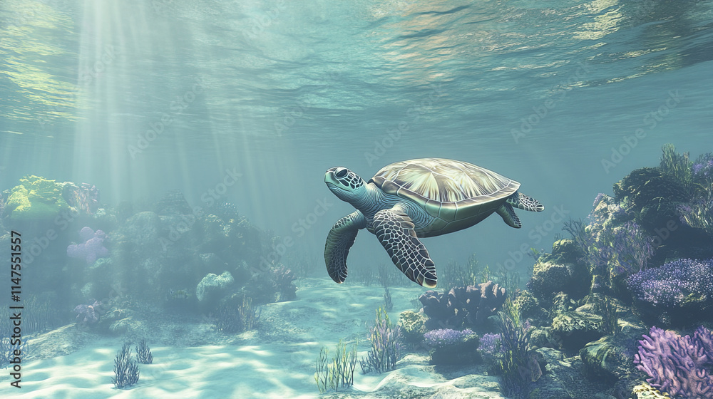 Obraz premium sea turtle swimming gracefully underwater in vibrant coral reef