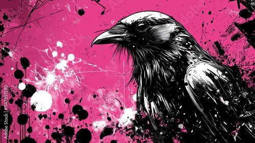 Stylized black crow portrait on pink grunge background. photo