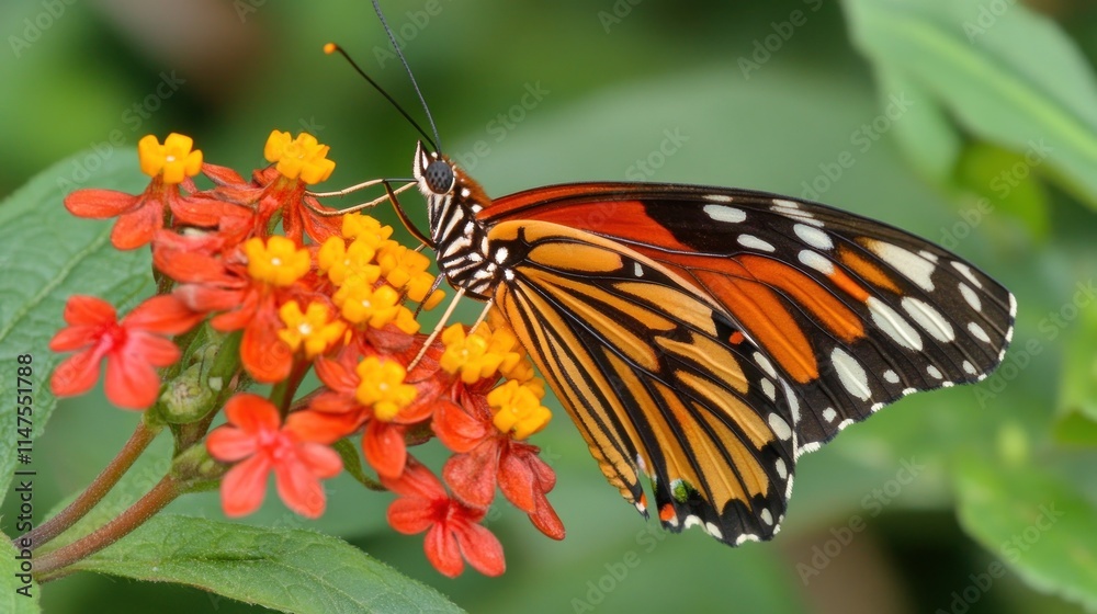 Naklejka premium Close-up of a vibrant orange and black butterfly feeding on red and yellow flowers.