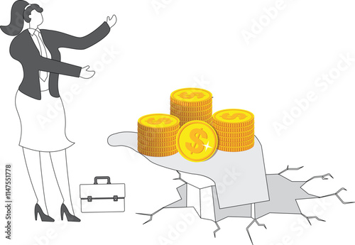 Poor businesswoman, homeless needy person, poor businesswoman, miserly boss or capitalist, boss holding a pile of gold coins in his hand gives his employee a gold coin