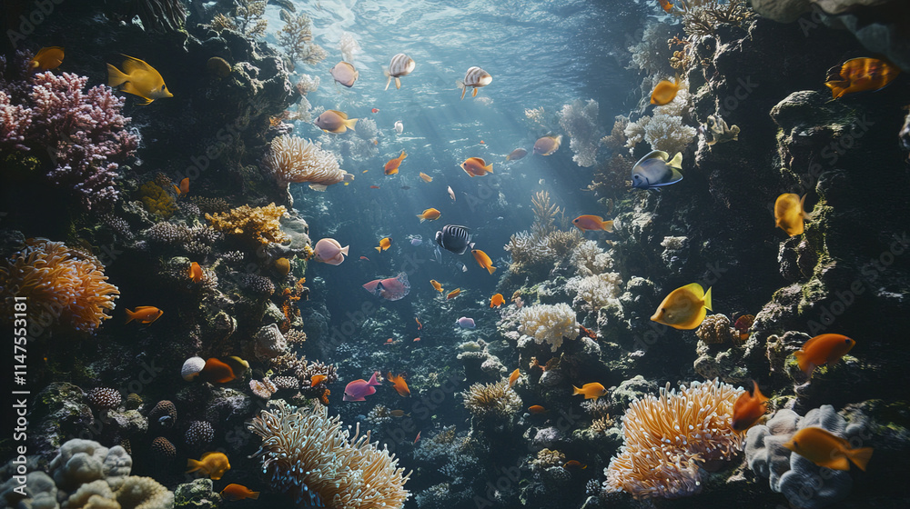 Naklejka premium vibrant underwater scene showcasing bustling coral reef filled with colorful fish