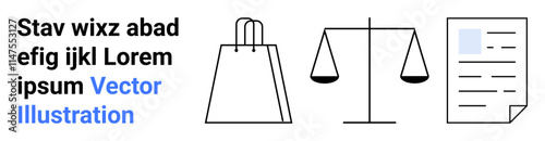 Scales of justice, shopping bag, and document with text and blue accent. Ideal for law, commerce, documentation, legal matters, shopping contracts balance of life. Landing page