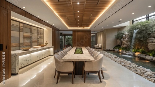 Formal dining room with polished seating, Chic dining space with modern lighting