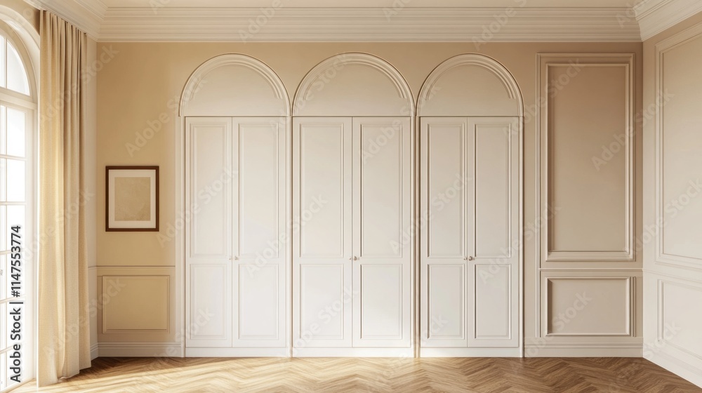 Fototapeta premium Sunlit room with arched alcove, white closet doors, and herringbone floor.