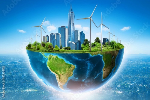 Planet earth with clean city relying on renewable resources. Concept of sustainable ecological future and alternative energy of an eco friendly planet.
