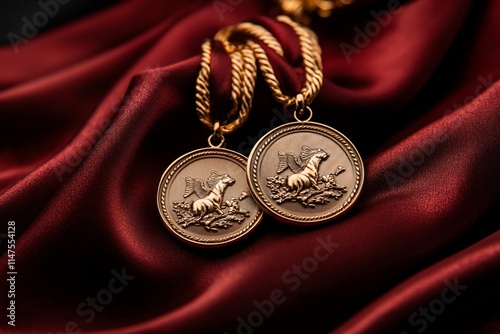 Bronze medals featuring a lion design on red fabric. photo