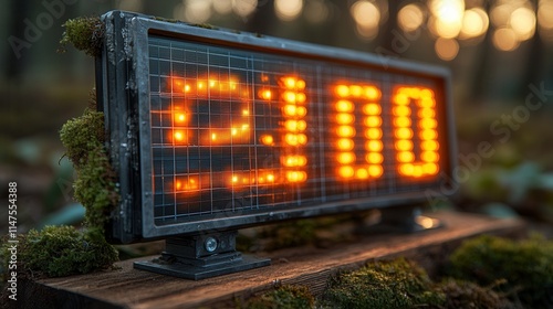 A digital clock displaying 2100, surrounded by moss in a forest setting at sunset.