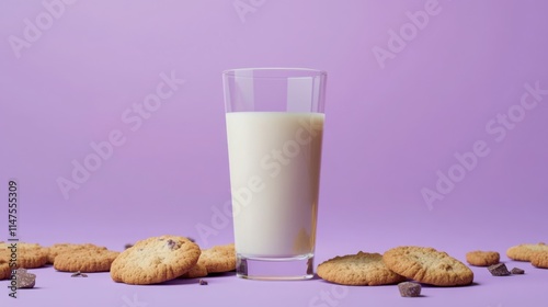 Glass of milk surrounded by cookies on a minimalist background photo