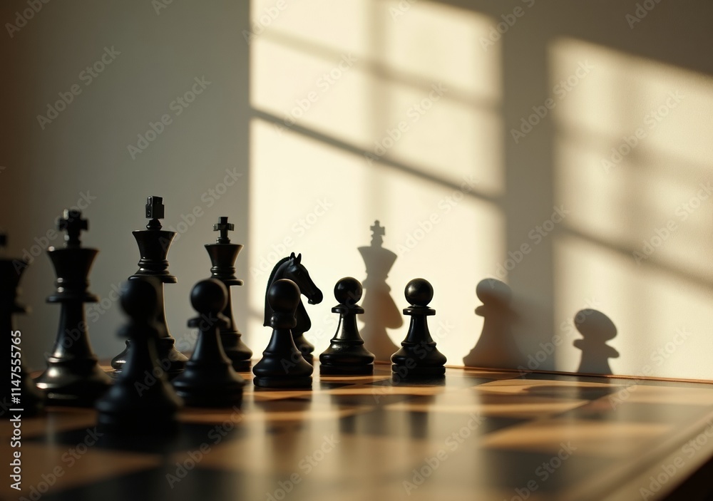 Chess pieces arranged in dynamic formation illuminated by morning sunlight