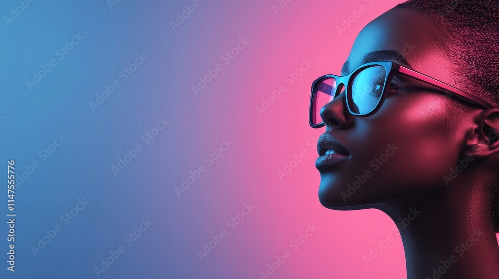 A profile of a young woman with glasses, illuminated by vibrant pink and blue lights, showcasing a modern and stylish aesthetic. A profile of a young woman with glasses, illuminated by vibrant pink and blue lights, showcasing a modern and stylish aesthetic.