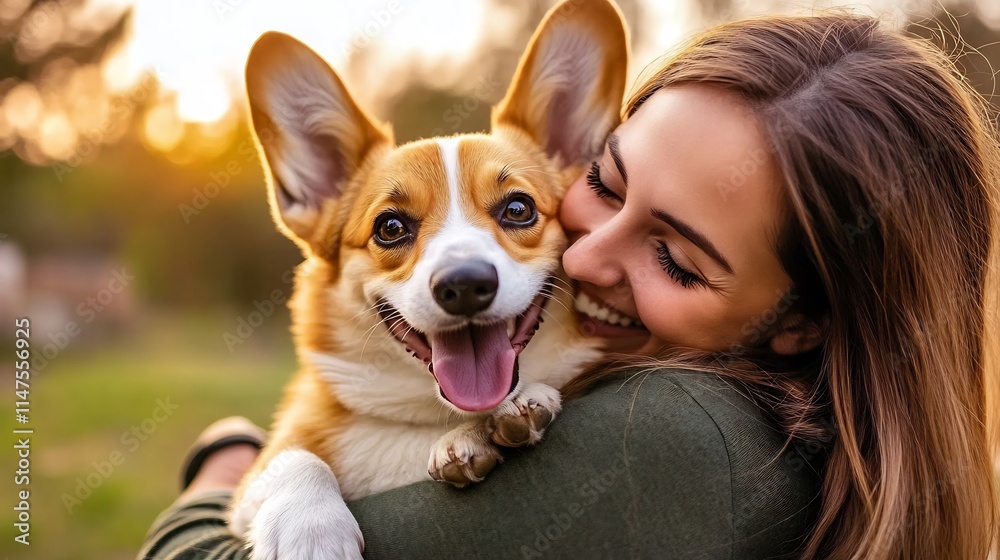 A Joyful Embrace: Woman and Her Corgi Share a Happy Moment in the Golden Sunlight A Joyful Embrace: Woman and Her Corgi Share a Happy Moment in the Golden Sunlight