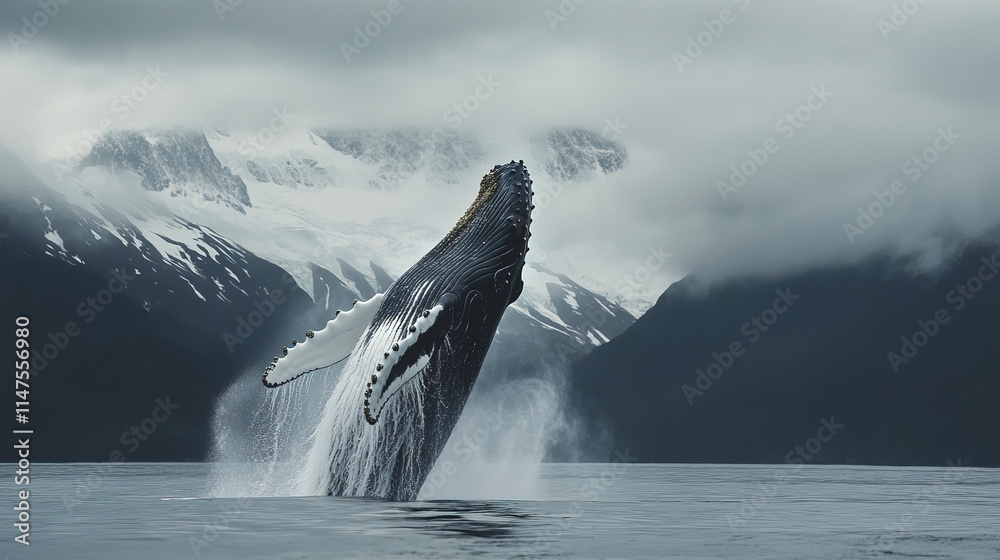 Fototapeta premium Humpback whale breaching in ocean, showcasing its powerful leap