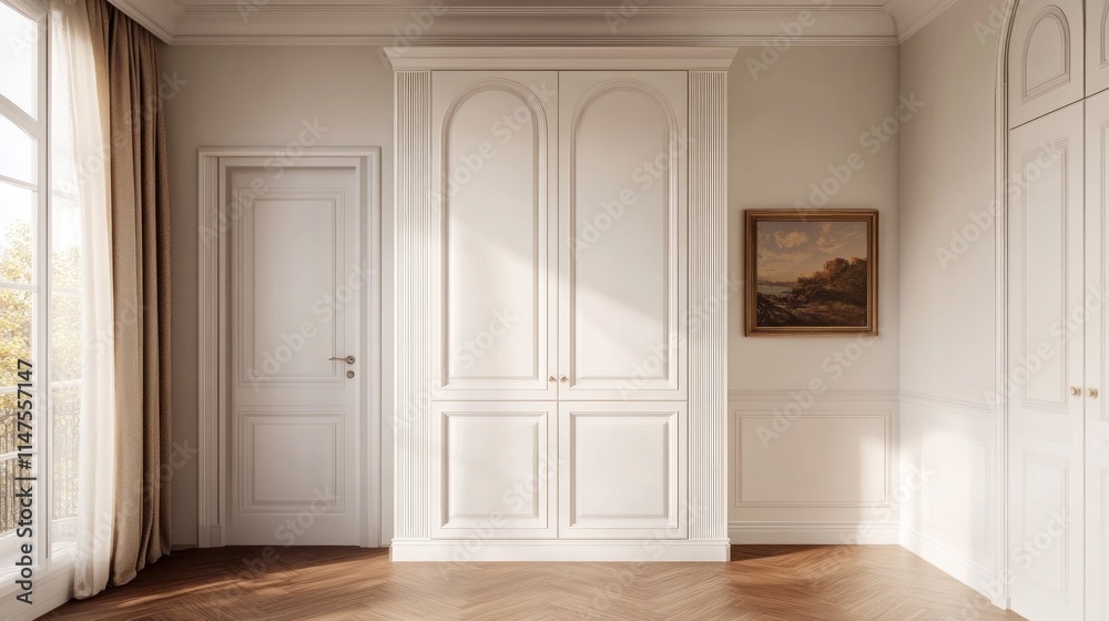 Fototapeta premium Sunlit room with white doors, arched cabinet, and herringbone floor.