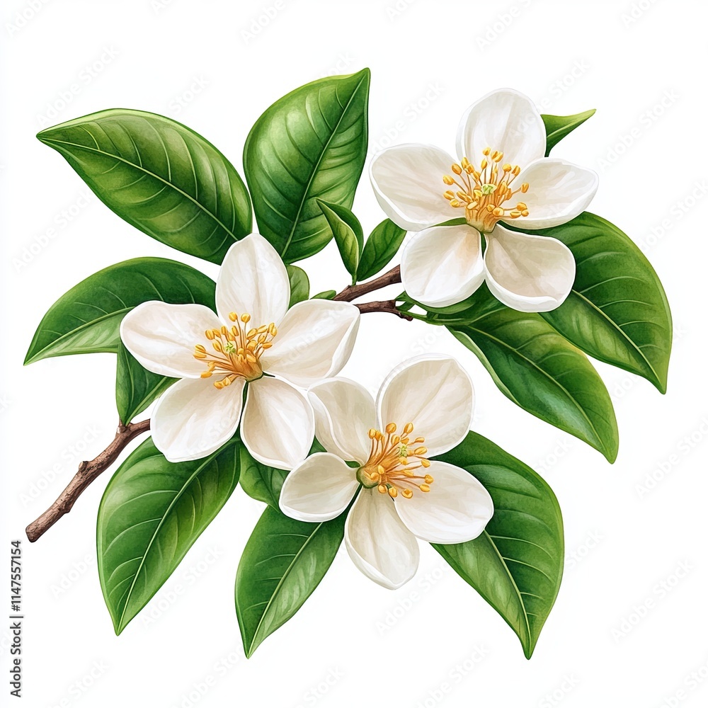 Obraz premium Orange Blossom Flowers with Green Leaves, Detailed illustration of orange blossom flowers in bloom, featuring white petals and green leaves, symbolizing freshness and purity.