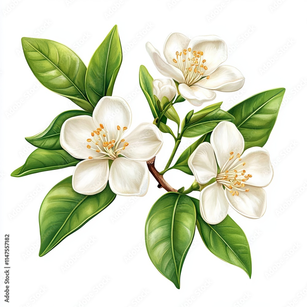 Fototapeta premium Orange Blossom Flowers with Green Leaves, Detailed illustration of orange blossom flowers in bloom, featuring white petals and green leaves, symbolizing freshness and purity.
