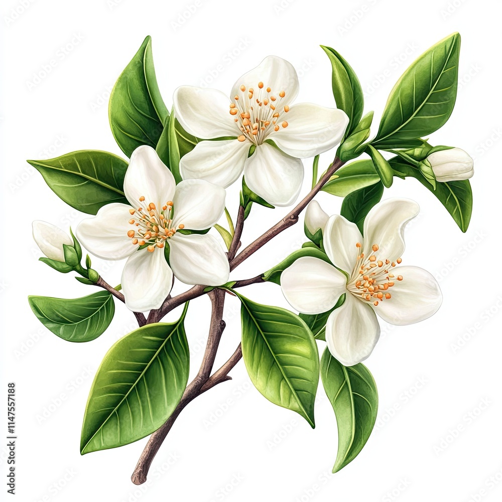 Obraz premium Orange Blossom Flowers with Green Leaves, Detailed illustration of orange blossom flowers in bloom, featuring white petals and green leaves, symbolizing freshness and purity.