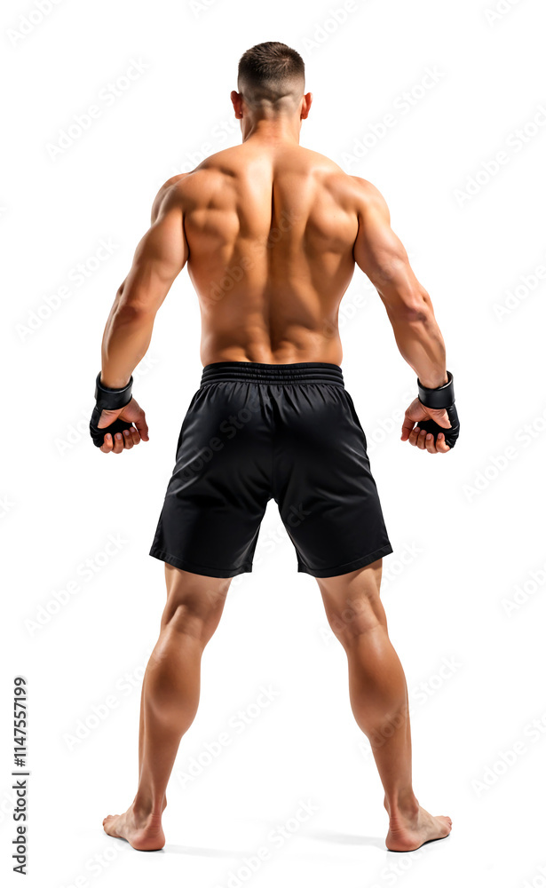 Combat fighter standing, full-body view from behind, isolated background Combat fighter standing, full-body view from behind, isolated background