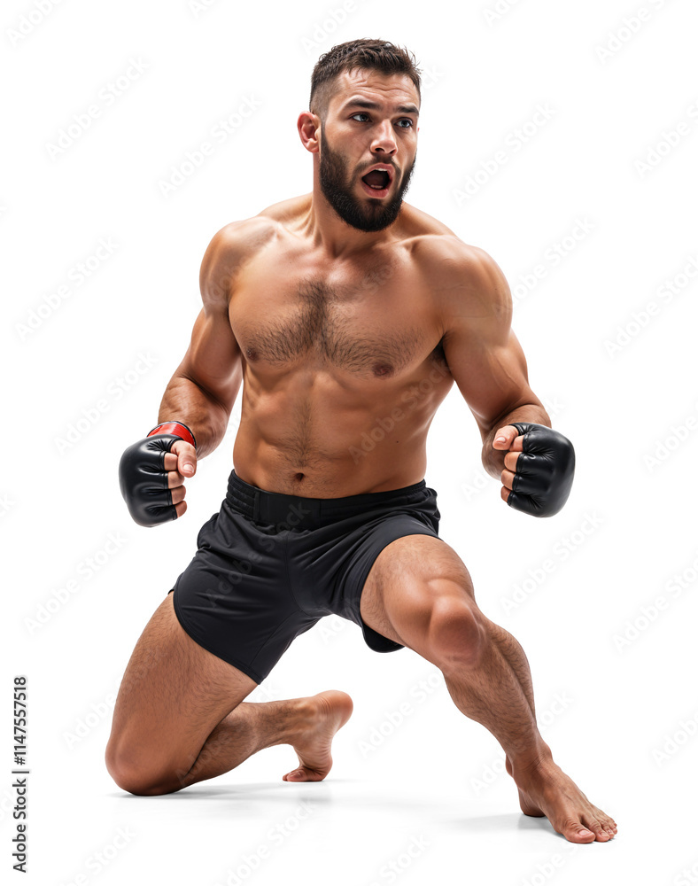 Muscular caucasian male fighter in sitting pose in celebration expression