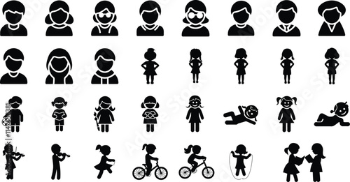 Fun Children Silhouette Icon Set. Unique Graphics for Youth, Playtime, and Parenting Projects.