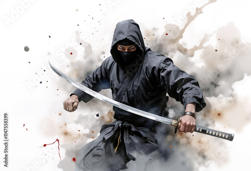 Watercolor sketch of Japanese ninja assassin in black kimono with sword