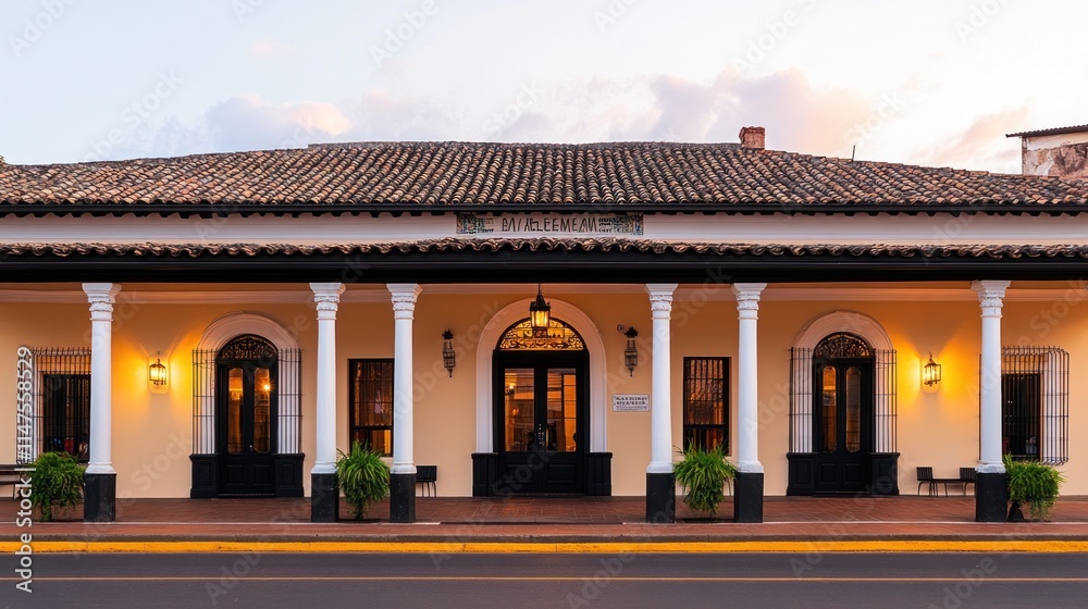 Colonial-style building at sunset, featuring a long porch with columns, arched entryway, and warm lighting. Colonial-style building at sunset, featuring a long porch with columns, arched entryway, and warm lighting.