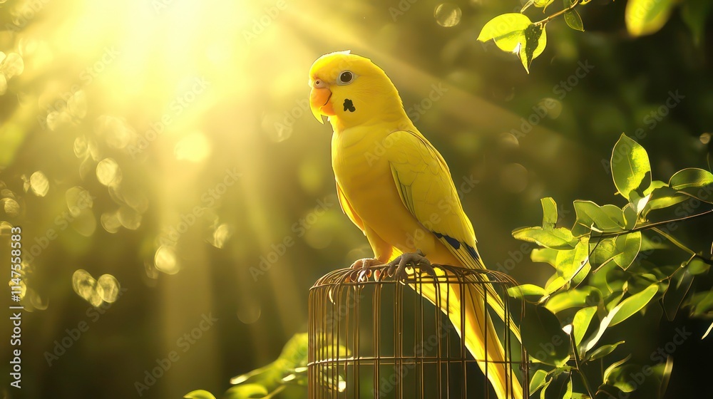 A yellow budgie perched on a cage, bathed in sunlight amongst green foliage. A yellow budgie perched on a cage, bathed in sunlight amongst green foliage.