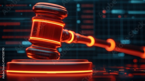 Futuristic Digital Gavel Over Circuit Board Background in Neon Glow