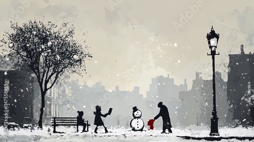 charming winter scene: kids building a snowman under vintage streetlights - perfect for a nostalgic sports room poster