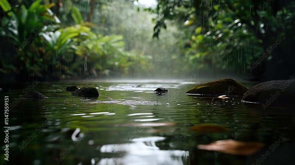 Serene rainforest stream with rain falling on lush green foliage and dark rocks. Serene rainforest stream with rain falling on lush green foliage and dark rocks.