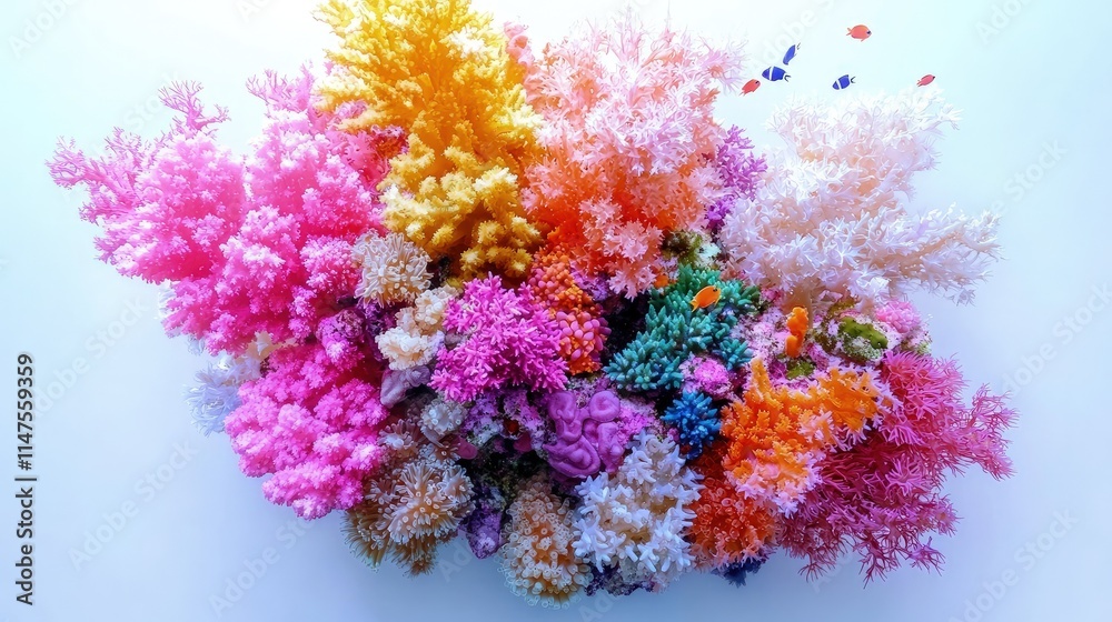 Fototapeta premium Vibrant cluster of colorful artificial coral reefs in pink, yellow, and orange hues isolated on a clean white background.
