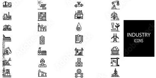 Idustry simple concept 28 icons set. Contains such Factory Building, Manufacturing Line, Industrial Plant, Production Line, Machinery Icon, Assembly Line, Conveyor Belt, Factory.Vector illustration.