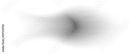 Flowing Wave Dot Halftone Pattern: Curve Gradient Shape on Transparent Background. Suitable for AI, Tech, Network, Digital, Science, and Technology Themes.