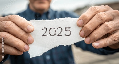 Hand Holding Torn Paper with '2025' Written - New Year Concept