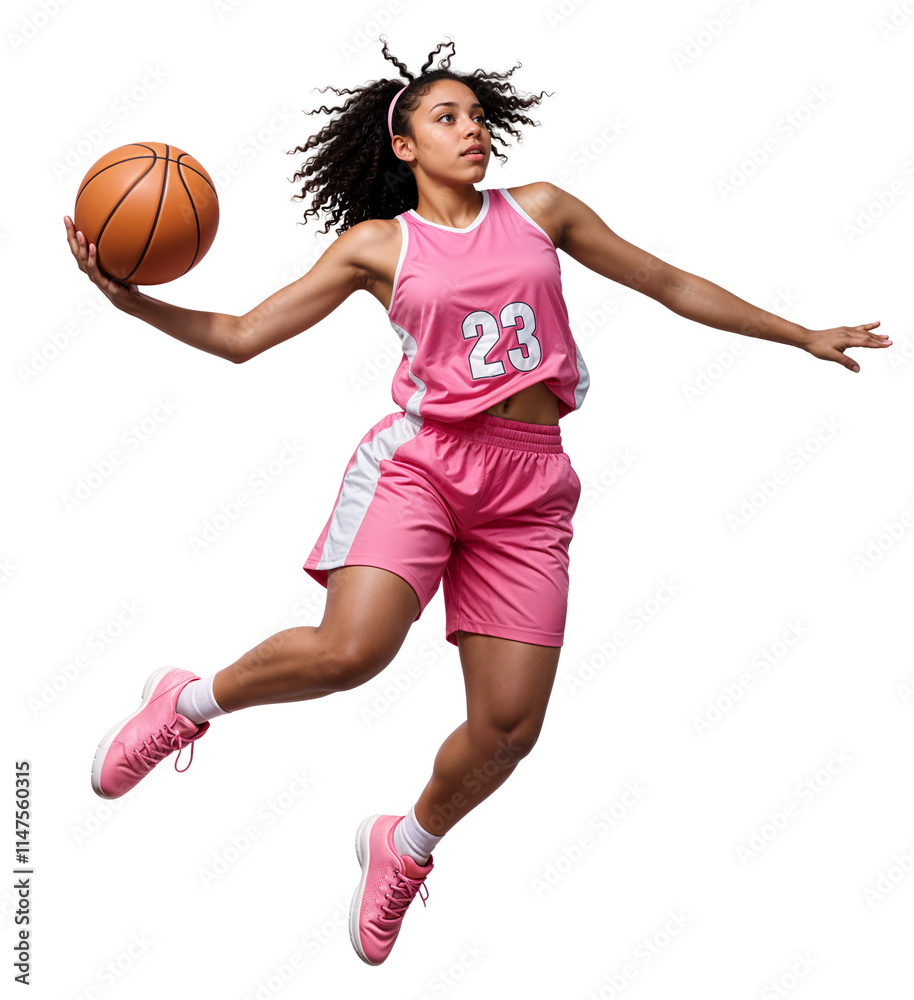 Young teenage girl basketball player in pink jersey jumping midair and dunking, isolated background Young teenage girl basketball player in pink jersey jumping midair and dunking, isolated background