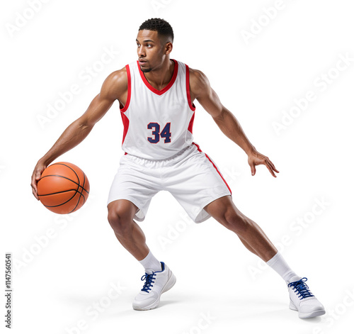 basketball player in white jersey with number 34 maneuvering a ball on isolated background photo