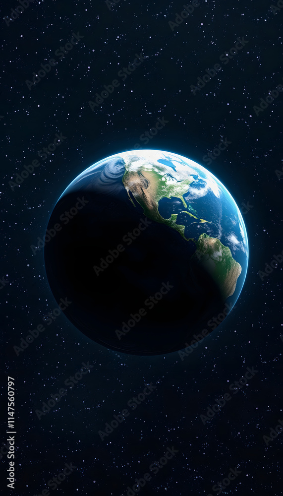 Fototapeta premium Majestic Earth Zoom In Orbit Starry Background. Planet Rotate Surface Star Light Glow Outer Space Deep Universe Exploration Concept 3D Animation, studio photography, with white tones