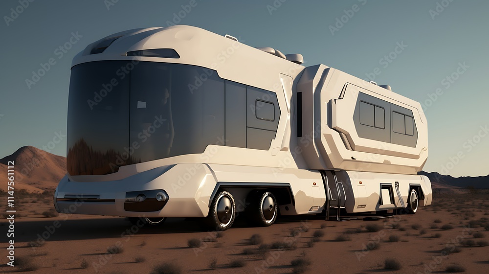 Futuristic white camper van in desert landscape. Futuristic white camper van in desert landscape.