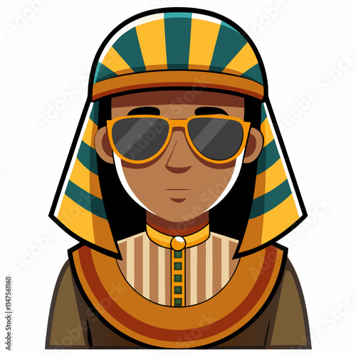 man avatar in an Egyptian galabeya-inspired tunic and sunglasses.