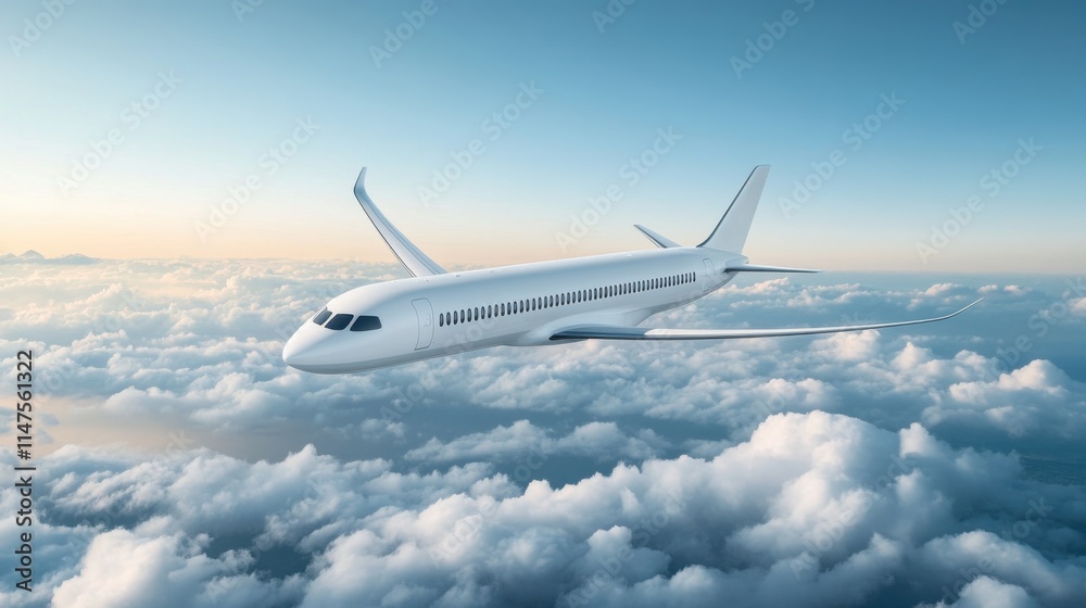 Modern Airplane Gliding Elegantly Above Fluffy Clouds in Bright Blue Sky at Sunrise or Sunset Modern Airplane Gliding Elegantly Above Fluffy Clouds in Bright Blue Sky at Sunrise or Sunset