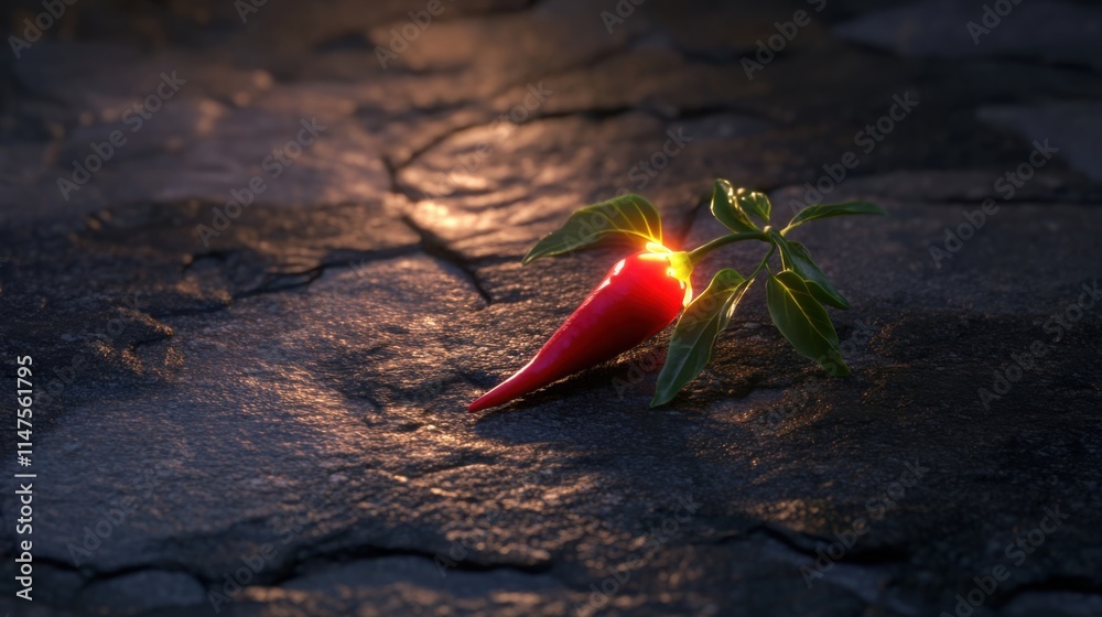 Single chili pepper on a dark slate surface with a gloss finish Single chili pepper on a dark slate surface with a gloss finish