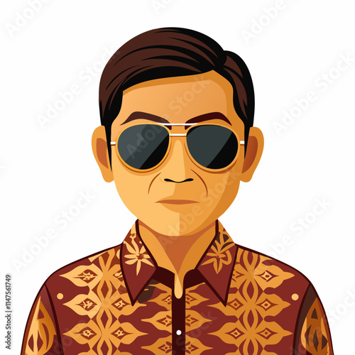 man avatar in a traditional Indonesian batik shirt and sunglasses.