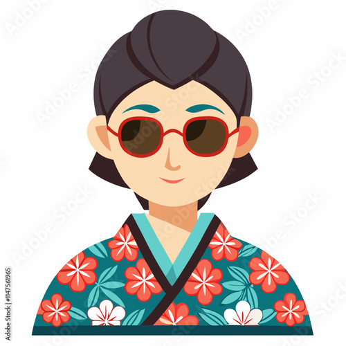 Avatar in a Japanese kimono with a floral pattern and sunglasses.
