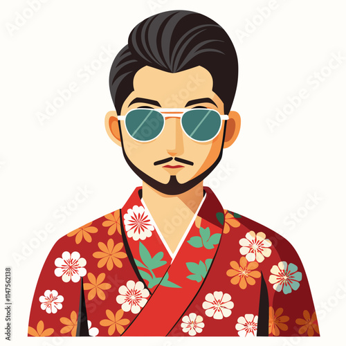 man avatar in a Japanese kimono with a floral pattern and sunglasses.